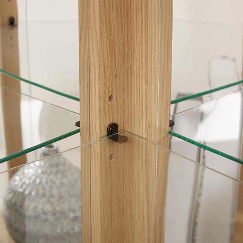 Corner Lighted Curio Cabinet, Elegant Glass Display Case for Collection with Adjustable Shelves, Mirrored Back Panels, Magnetic Glass Doors, Built-in Lighting, Light Oak, (Light Bulbs are Included) LOPOO