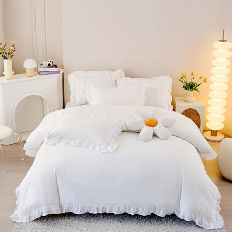 MOOWOO Chic Ruffle Lace Polyester Duvet Cover Set -Girl White Bedding-2 Piece Twin Comforter Duvet Cover with Zipper Closure -Ultra Soft and Light Weight(White, Twin)-NO Including Comforter MOOWOO