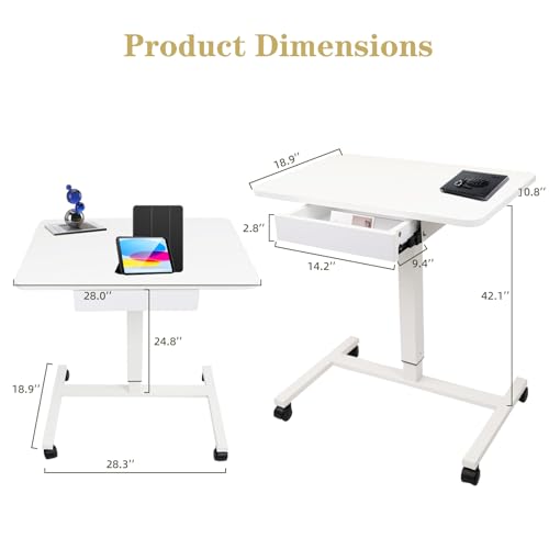 CLATINA Mobile Laptop Standing Desk, Height Adjustable Teacher Podium with Lockable Wheels, Adjustable Work Table with Drawer, Computer Cart Overbed Table for Home Office Classroom, White CLATINA