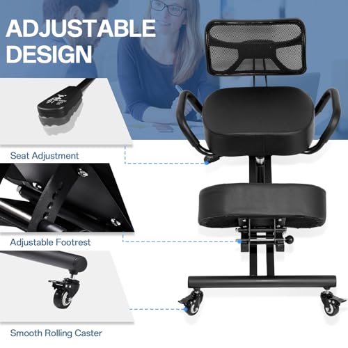 Ergonomic Kneeling Chair with Backrest & Lumbar Support, Adjustable Height Desk Chair with Wheels & Thick Cushion, Ideal for Office & Work from Home, Support Upright Sitting & Relieve Back Pain Generic