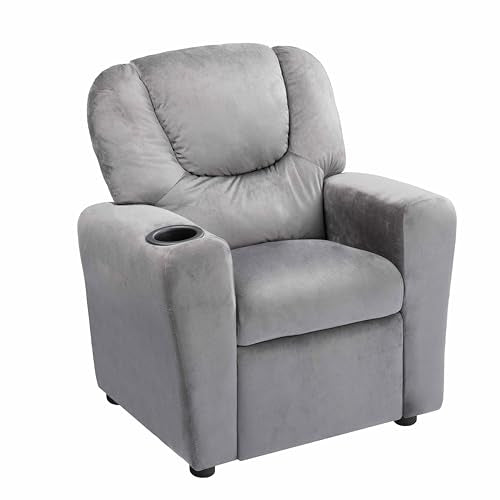 Naomi Home Suri Kids Recliner Chair with Cup Holder & Footrest, Built to Grow with 150 lbs Capacity, Solid Hardwood Frame, and 3 Recline Positions for Toddlers & Children, Gray,Microfiber
