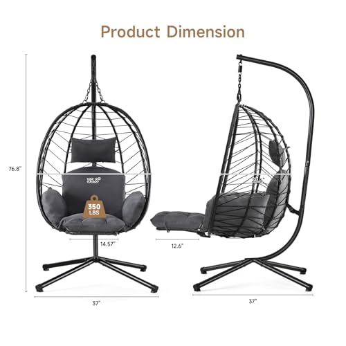 ONBRILL Hanging Egg Chair with Adjustable Footrest & Stand, Wicker Rattan Swing Hammock Chair with Cushion & Double Chains, 350LBS Capacity for Outdoor & Indoor Patio, Deck, Bedroom, Balcony (BL-GR)