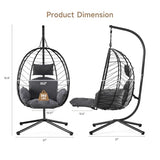 ONBRILL Hanging Egg Chair with Adjustable Footrest & Stand, Wicker Rattan Swing Hammock Chair with Cushion & Double Chains, 350LBS Capacity for Outdoor & Indoor Patio, Deck, Bedroom, Balcony (BL-GR)