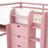 SOFTSEA Full Size Low Loft Bed with Desk & Storage, Solid Wood Pink Loft Bed with Drop-Down Cabinets, Open Shelves & Whiteboard for Kids Juniors Boys Girls, Pink SOFTSEA