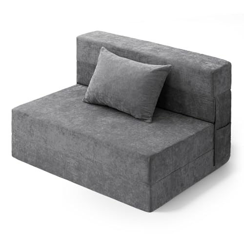 HOMFINE Folding Sofa Bed - Convertible Sleeper Chair with Pillow, Fold Out Couch, Memory Foam Floor Mattress, Futon Couch, Lazy Sofa for Living Room/Dorm/Guest Room/Home Office, Twin, Gray HOMFINE