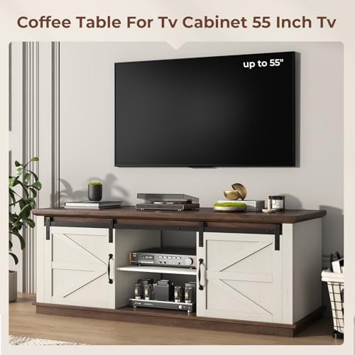 UPOSOJA Farmhouse Coffee Table for Living Room with Storage & 4 Sliding Barn Doors, Adjustable Shelves, Modern Rectangular Rustic Living Room, Meeting Room, Hall Coffee Tables (White+Brown) UPOSOJA