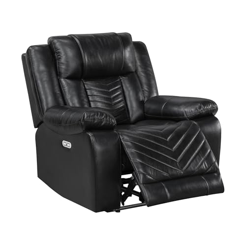 Lexicon Power Recliner Chair, Faux Leather Upholstered Home Theater Seating with LED Lighting, USB Charging Ports, Single Wall Hugger Reclining Chair for Living Room/Bedroom Easy Assembly, Black Lexicon