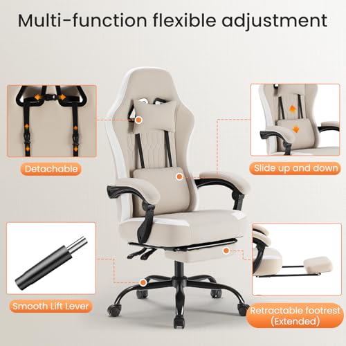 Sweetcrispy Computer Gaming Chair - High Back Ergonomic Desk Chair with Footrest and Lumbar Support, Height Adjustable Task Chair with Linkage Armrests and Headrest, 360° Swivel Wheels, Khaki Sweetcrispy