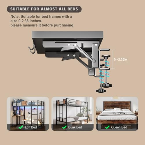 Magheo Bedside Shelf Foldable, Metal Clip-On Bunk Bed Table Shelf for Top Bunk Heavy Duty Bed Side Table Tray for College Dorm Room Essentials, Loft Nightstand Organizer Tray with 1 Cord Hole(Black) Magheo