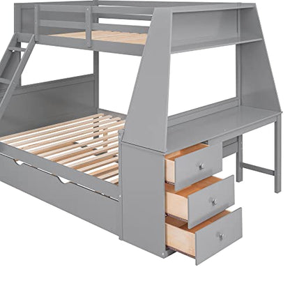 BOVZA Twin Over Full Grey Bunk Bed with Built-in Desk, Trundle, and Storage Solutions for Kids and Teens - WoodArtSupply