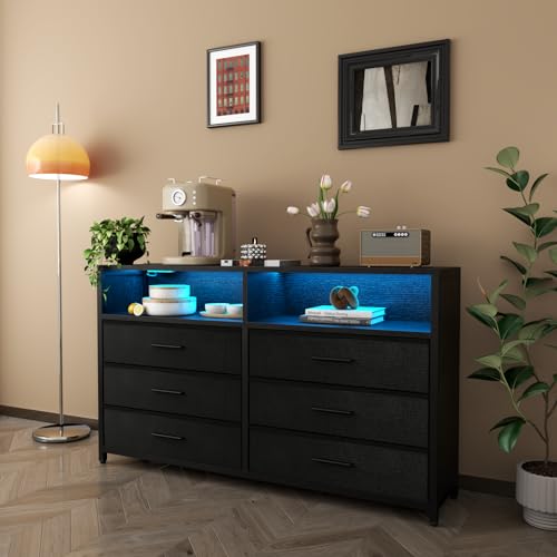Loomie 6 Drawers Dresser with Power Outlets and LED Lights, Black Dresser with 2 Top Cubby, Tall Wide Fabric Double Chest of Drawers,Modern Dresser Tv Stand for up to 60" TV for Bedroom, Living Room Loomie