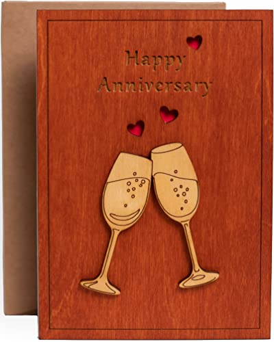 Handmade Wooden Happy Anniversary Card with Holder. Wood Wedding Anniversary Cards for Him, Husband, Her, Wife or Parents, Couple. REYJUK