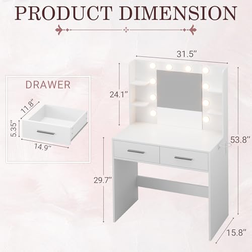 JUMMICO Makeup Vanity Desk with Mirror and Lights Power Outlet, Vanity Table Makeup Desk 2 Drawers, 6 Storage Shelves Hairdryer Holder & Bench Dressing Table for Bedroom (White, No Bench) JUMMICO