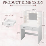 JUMMICO Makeup Vanity Desk with Mirror and Lights Power Outlet, Vanity Table Makeup Desk 2 Drawers, 6 Storage Shelves Hairdryer Holder & Bench Dressing Table for Bedroom (White, No Bench) JUMMICO