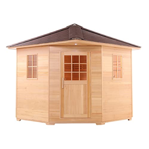 ALEKO Sauna Cottage with Asphalt Roof and Accessories | Canadian Hemlock Wood | Wet Steam Room | Outdoor | 8 Person | Upgraded Premium European 8 kW Harvia KIP Electric Heater | SKD8HEM - WoodArtSupply