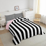 Erosebridal Black and White Striped Twin Comforter Set (Pink Reversible) | Striped Bedding Set Pink and Black Comforter Sets for Kids Teens Adults Cute Pinstripe Girls Bed Quilt Sets Erosebridal