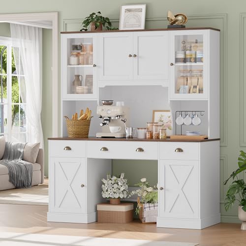 Keyluv 75" Executive Desk with Hutch and Drawers, Computer Desk with Glass Door and Storage Cabinet, 63" W Large Farmhouse Workstation for Home Office Study Writing Gaming Table, White Keyluv