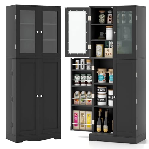 Giantex Pantry Organizers and Storage, 63.5” Tall Kitchen Cabinet, Food Buffet Cupboard with Glass Doors, Shelves with Baffle, Wooden Freestanding Giantex