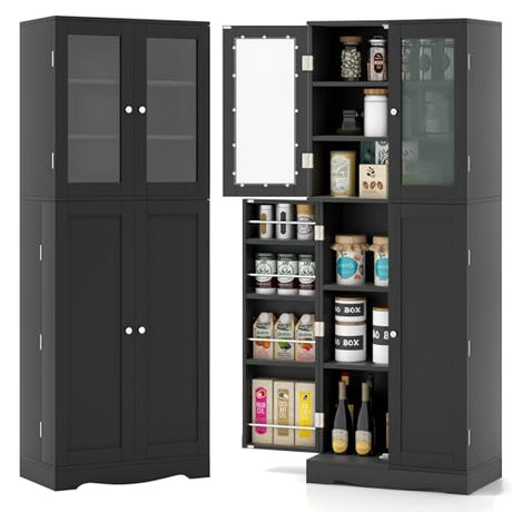 Giantex Pantry Organizers and Storage, 63.5” Tall Kitchen Cabinet, Food Buffet Cupboard with Glass Doors, Shelves with Baffle, Wooden Freestanding Giantex