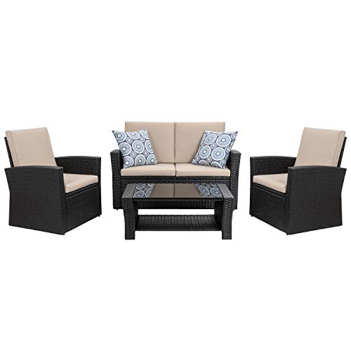 Shintenchi 4-Piece Outdoor Patio Furniture Set, Wicker Rattan Sectional Sofa Couch with Glass Coffee Table | Black - WoodArtSupply