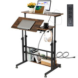 Hadulcet Mobile Standing Desk Adjustable Height, Rolling Desk Stand Up Desk, Mobile Laptop Desk, Rolling Computer Desk with Charging Station, Portable Desk with Wheels, Rustic Brown Hadulcet