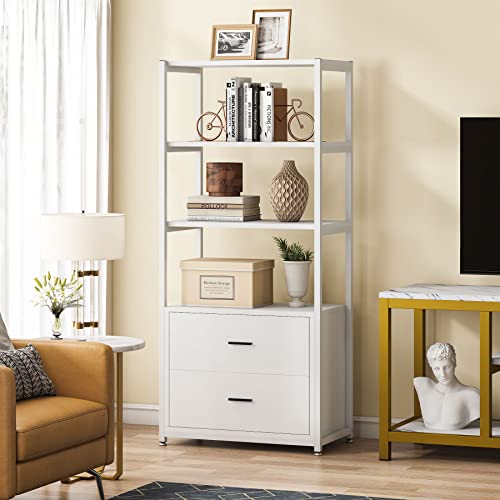 Tribesigns Bookcase, 4-Tier White Bookshelf with 2 Drawers, Etagere Standard Book Shelves Display Shelf for Home Office (White)