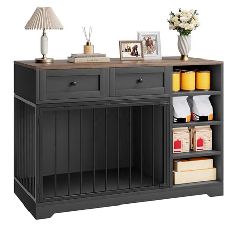 IDEALHOUSE 47” Large Dog Crate, Dog Kennel Indoor with 2 Drawers and 4 Shelves, Dog Crate Furniture TV Stand, Wooden Dog Cage for Medium Large Dogs, Black IDEALHOUSE