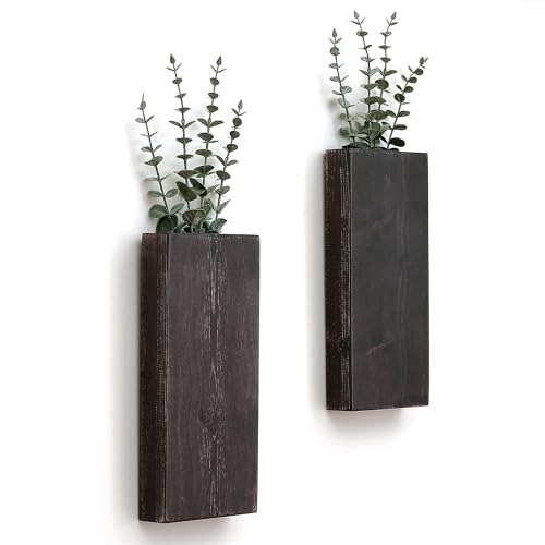 Wood Wall Planter Set of 2, Wood Wall Pocket for Greenery and Dried Flowers, Indoor Wood Hanging Vase Modern Farmhouse Wall Decor for Living Room Bedroom Office Eucalyptus Stems Decorations (Expresso)