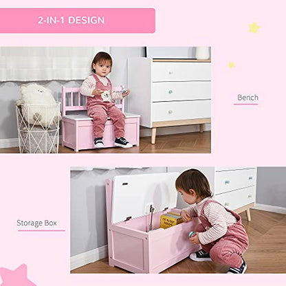 Qaba 2-in-1 Kids Wooden Toy Organizer Chest Storage Box with Seat Bench Cabinet Chunk Cube with Safety Pneumatic Rod Pink - WoodArtSupply