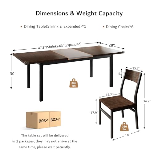 iPormis 7 Pieces Dining Table & Chairs Set for 4-6, 63" Extendable Kitchen Table and 6 Chairs, Dining Room Table with MDF Board & Metal Frame, Perfect for Small Space, Easy Clean, Espresso iPormis