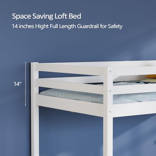 VINGLI Junior Low Loft Bed with Stairs, White Wood Loft Bed Full Size for Adults, Kids and Young Teens, No Box Spring Required,Wood Slat Support VINGLI