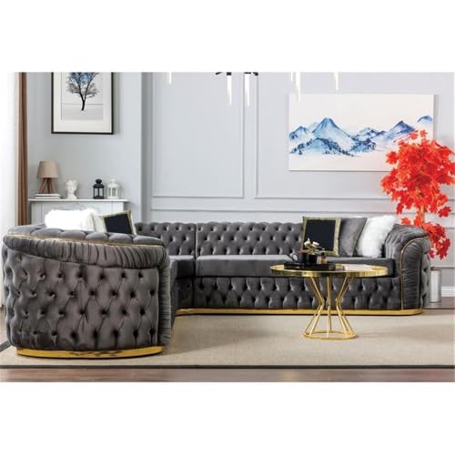Pemberly Row 126" 3-Piece Velvet L-Shaped Sectional in Gray/Gold Pemberly Row