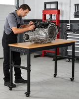 60" Adjustable Height Workbench with Lockable Wheels, Built-in Outlets & Heavy Duty Rubberwood Top, 2500 LB Capacity Work Bench, Garage Work Table for Workshop, Repair Shop, Home, Office EliteEdge