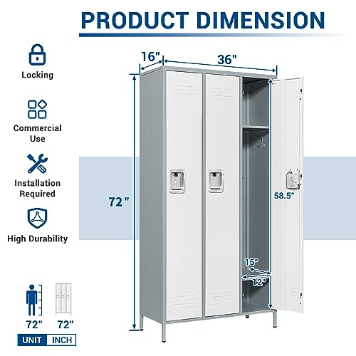 Fesbos 72" Metal Locker for Employees 3 Doors Gray&White Steel Storage Locker for Office, School, Gym - Metal Storage Cabinets for Home, Office, Gym, School - WoodArtSupply