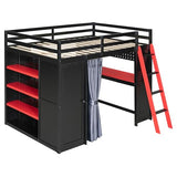 Merax Full Size Loft Bed with Desk and 6 Storage Shelves, Wardrobe, Blackout Curtain, Sturdy Wood Gaming Loft Bunk Bed Frame with USB Port & RGB Lights, No Box Spring Needed, Space-Saving, Black+Red Merax
