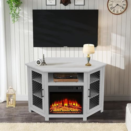 47" Corner Fireplace TV Stand Up to 55" TVs with 18" Electric Fireplace, Rustic Media TV Stands for Living Room, Television Stands with Adjustable Shelves, Entertainment Media Stand (Gray) ELEVARAWOOD