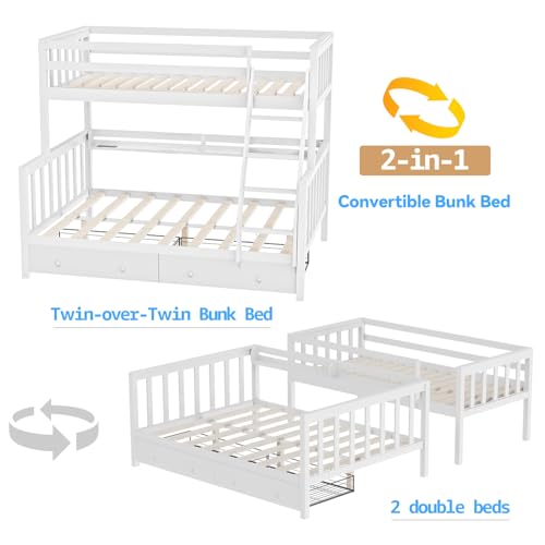 FJTJBSI Solid Wood Bunk Bed with Charging Station and LED Lights Detachable Bunk Bed Twin Over Twin with 2 Storage Drawers Full Size Bed Frame with Guardrail and Ladder for Kids Adults Bedroom FJTJBSI