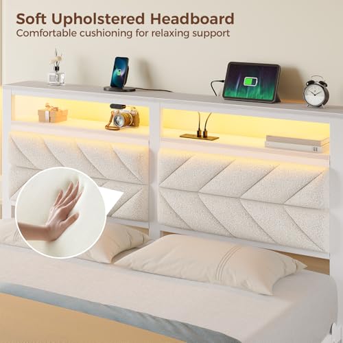 Seventable Bed Frame Full Size with Charging Station, LED Bed with Upholstered Storage Headboard, Metal Platform Bed with Under Bed Storage, No Box Spring Needed, Noise Free, Easy Assembly, White Seventable