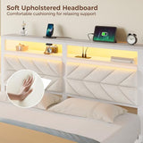 Seventable Bed Frame Full Size with Charging Station, LED Bed with Upholstered Storage Headboard, Metal Platform Bed with Under Bed Storage, No Box Spring Needed, Noise Free, Easy Assembly, White Seventable
