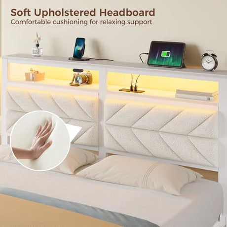 Seventable Bed Frame Full Size with Charging Station, LED Bed with Upholstered Storage Headboard, Metal Platform Bed with Under Bed Storage, No Box Spring Needed, Noise Free, Easy Assembly, White Seventable