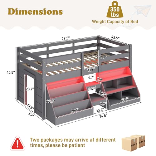 St.Mandyu Twin Size Low Loft Bed with LED Lights, Kids Twin Loft Bed with Stairs, Bookcase, Safety Guardrail and Under-Bed Play Space, Grey St.Mandyu