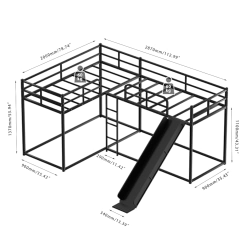 AiHMEi Metal Bunk Beds with Slide L-Shape Bunk Bed with Length Guardrail and Ladder for 4 Twin(78.74" x 35.43") Over Twin Bunk Bed Frame for Boys Girls Teens, Black AiHMEi