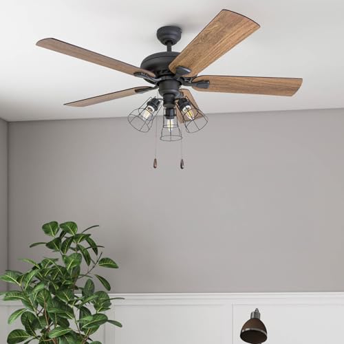 Prominence Home Lincoln Woods, 52 Inch Industrial Style LED Ceiling Fan with Light, Pull Chain, Three Mounting Options, 5 Dual Finish Blades, Reversible Motor - 50581-01 (Bronze) Prominence Home