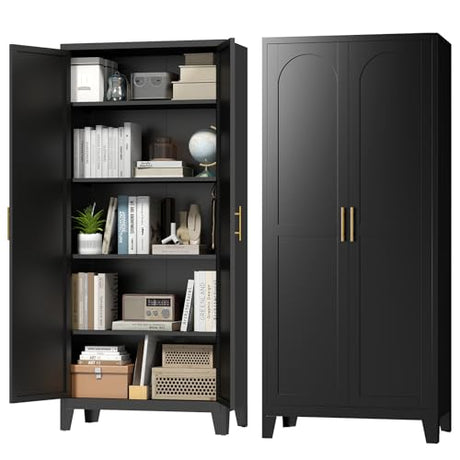 Zevemomo 70.87" H Metal Kitchen Pantry Cabinet, Freestanding Cupboard with 2 Doors and 4 Adjustable Shelves, Tall Metal Storage Cabinet for Kitchen, Bathroom, Dinning Room or Laundry Room （Black） Zevemomo