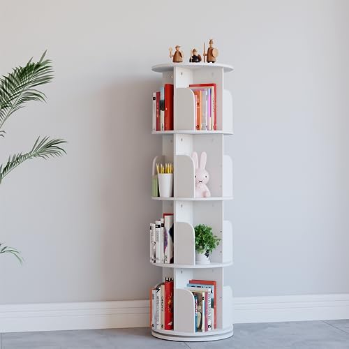 4-Tier Rotating Bookshelf Organizer by EasyCom - Space-Saving Floor Standing Bookcase in White - WoodArtSupply