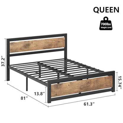 GAOMON Queen Size Bed Frame with Wood Headboard, Industrial Queen Platform Bed with Heavy Duty Slat Support, 14 inch Queen BedFrame Mattress Foundation No Box Spring Needed - Queen