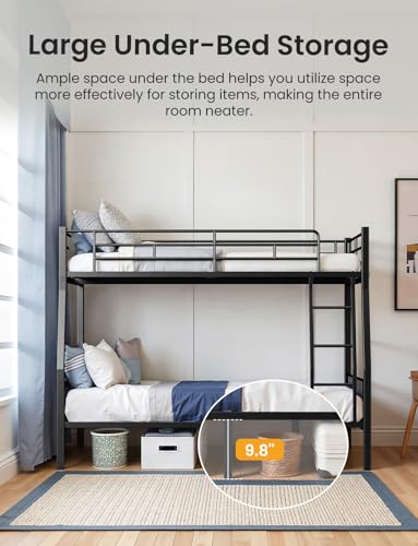 Miscoos Full XL Over Queen Bunk Beds for Adults, Heavy-Duty Metal Bunk Bed Frame with Non-Slip Ladder and Safety Full-Length Guardrails for Kids Teens Adults, Space-Saving, Black Miscoos