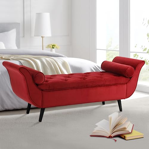 Hdxdkog Velvet Storage Bench for Bedroom End of Bed, 65" Upholstered Rolled Armed Button Tufted Stool Bench, Storage Ottoman Long Bench with with 2 Pillows for Entryway (Wine Red) Hdxdkog