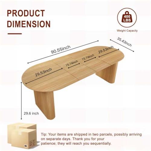 HMHKHN 90" Extendable Dining Table for 4 to 8, Oval Wooden Extendable Dining Room Table with Curved Fluted Wood Strip Base for Home (Natural, Table with 4 Panels) HMHKHN