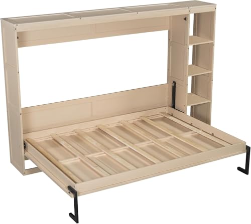 Virubi Full Horizontal Murphy Bed with Storage Shelves,Wood Fold Up Modern Murphy Wall Bed Cabinet with Storage Bookcase for Adults (Natural,Full) Virubi